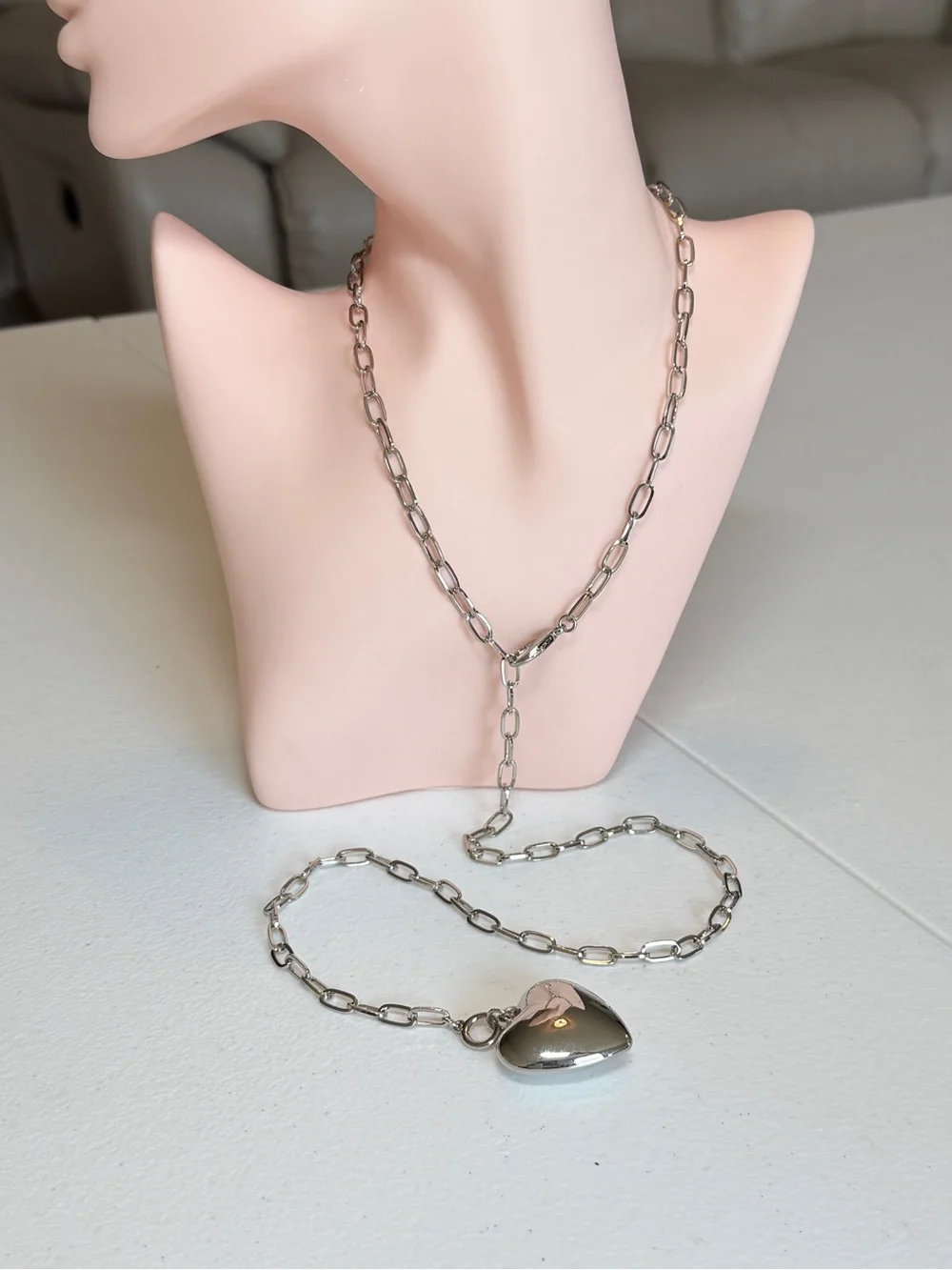 Silver Heart Pendant Long Chain Necklace